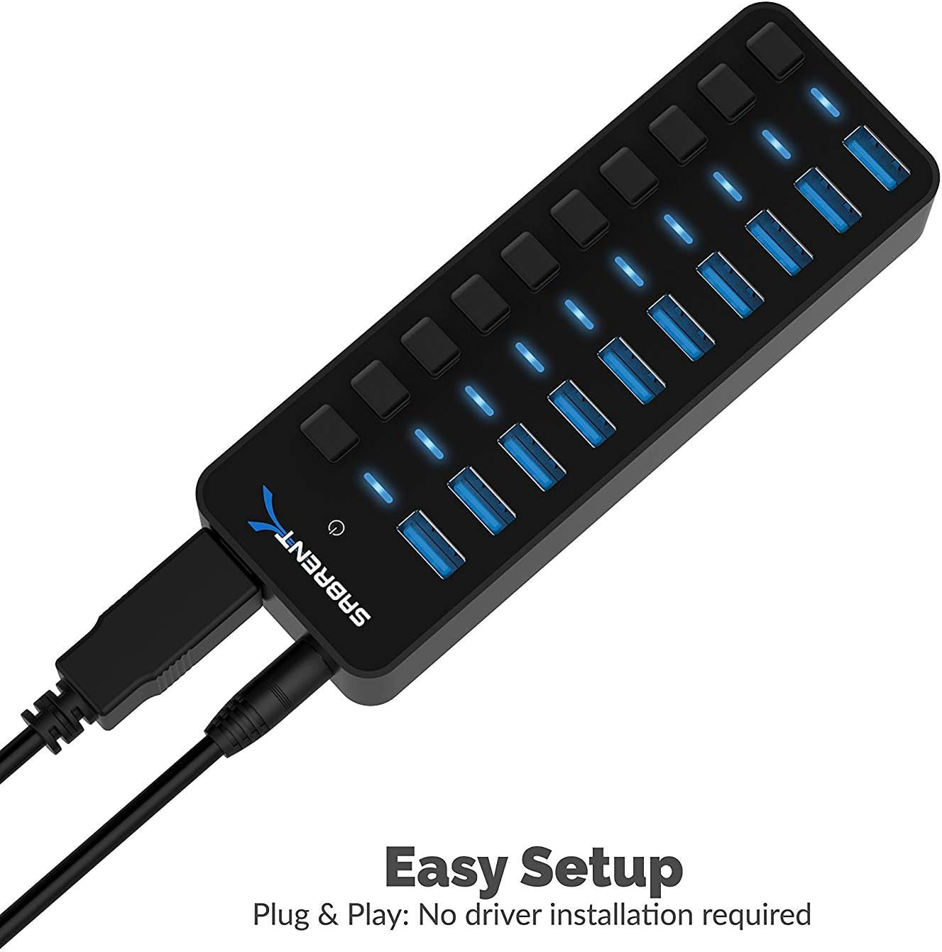 10-Port 60W Powered USB 3.0 Hub, Power Switches & Leds (HB-BU10) | Individual Power Switches + Leds; Includes 60W 12V/5A Power Adapter; for PC & Mac