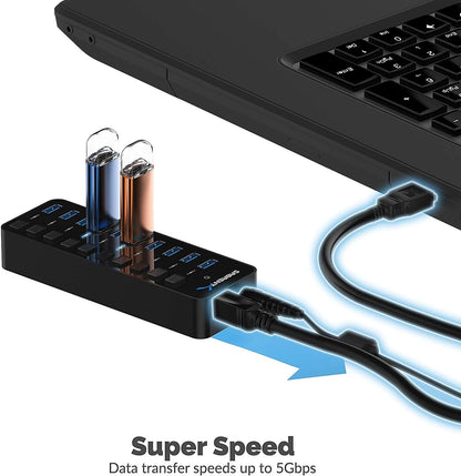 10-Port 60W Powered USB 3.0 Hub, Power Switches & Leds (HB-BU10) | Individual Power Switches + Leds; Includes 60W 12V/5A Power Adapter; for PC & Mac